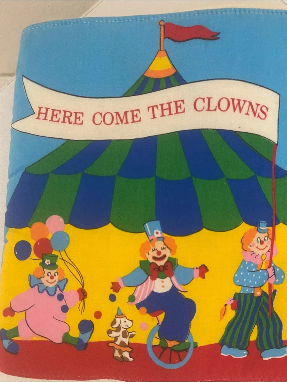 Vintage Here Comes The Clowns Fabric Cotton Kids Soft Colorful Nursery Book 9x9